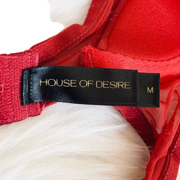 House of Desire Premium Devon Mesh Bra & Panty Set Red Crisscross Medium NEW - Picture 12 of 15